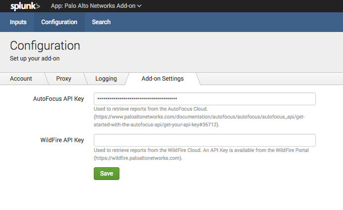 Enter an AutoFocus API Key to collect information about AutoFocus tags in MineMeld data