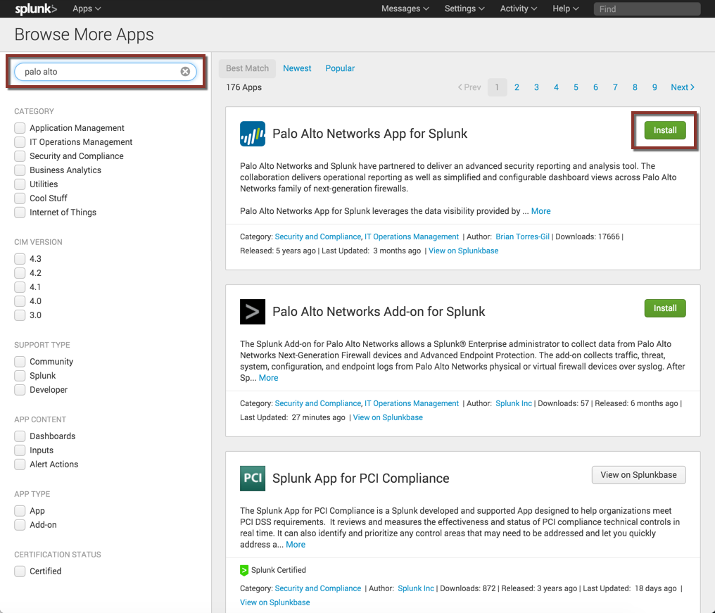 Downloading the App and Add-on from within Splunk Enterprise.
